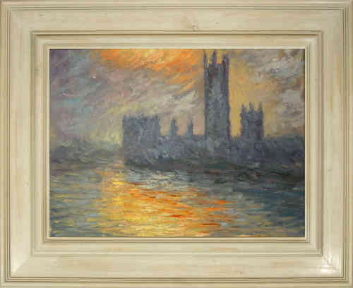 cuadros famosos de Monet "El Parlamento de Londres, rayo de sol en la niebla"