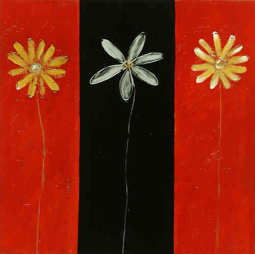 cuadros modernos "Tres flores sobre fondo rojo y negro"