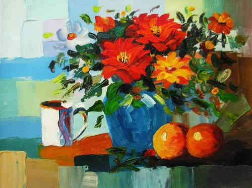 cuadros modernos "Maceta azul con flores rojas"