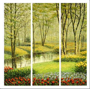 cuadro tríptico moderno "Bosque en primavera"