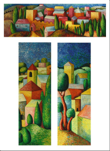 cuadro tríptico moderno "Aldea entre montañas y en color"