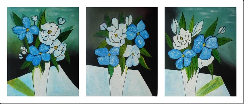 Cuadros abstractos, cuadros modernos, tripticos, Flores azules y blancas en  jarron