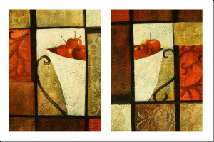 cuadro díptico moderno "Tazas con cerezas y manzanas rojas"