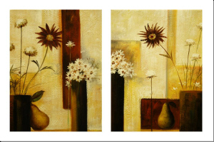 cuadro díptico moderno "Jarrones con flores del campo y pera"