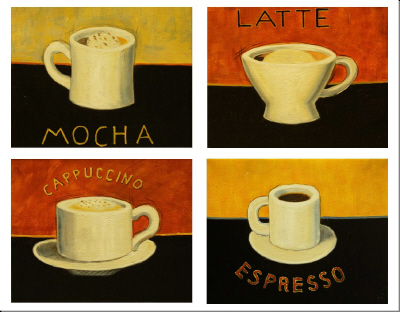 combinacion moderna de cuadros "Espresso, Latte, Mocha y Cappuccino"